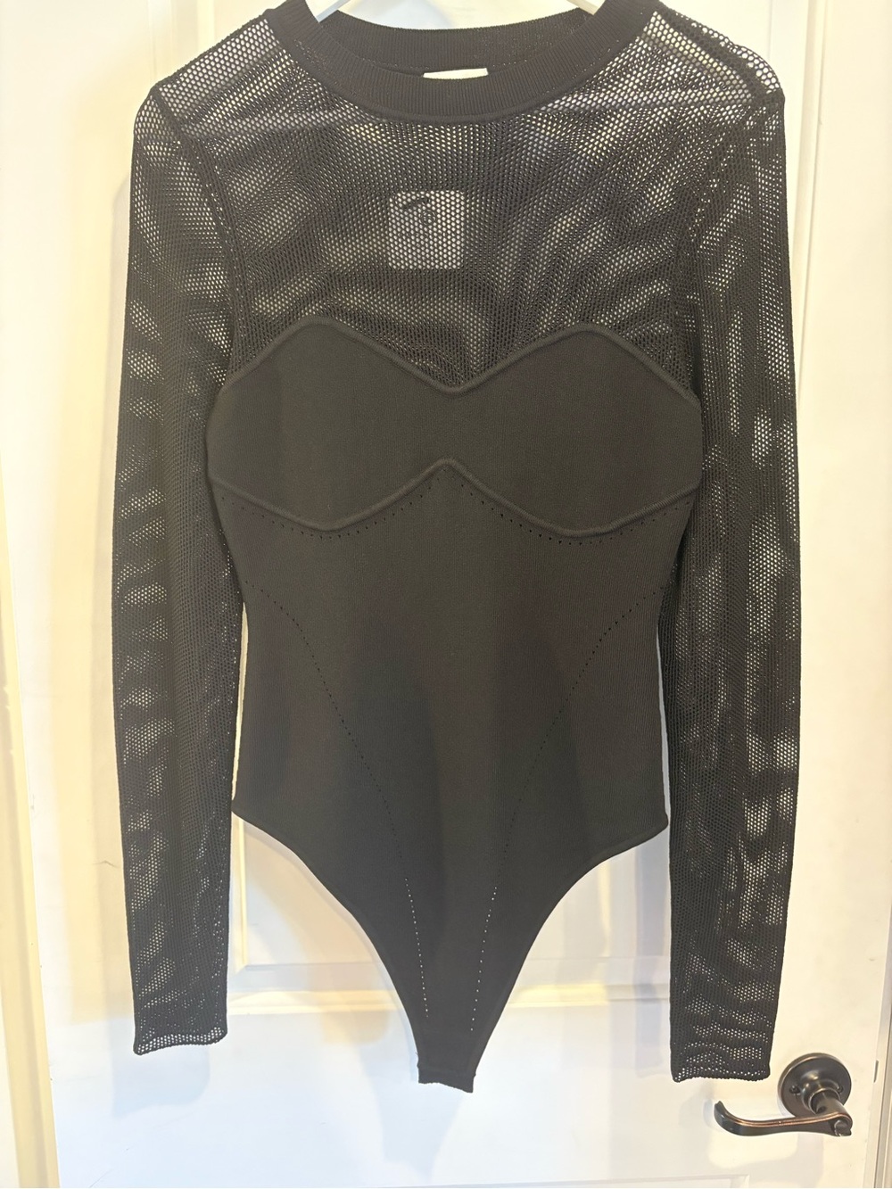 Fleur du Mal Black Long-Sleeve Mesh One-Piece Bodysuit